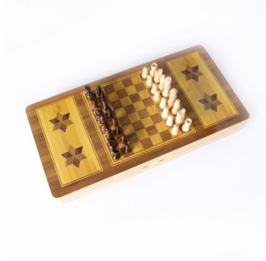 34037 wood chess checkers backgammon 3 in 1 game set