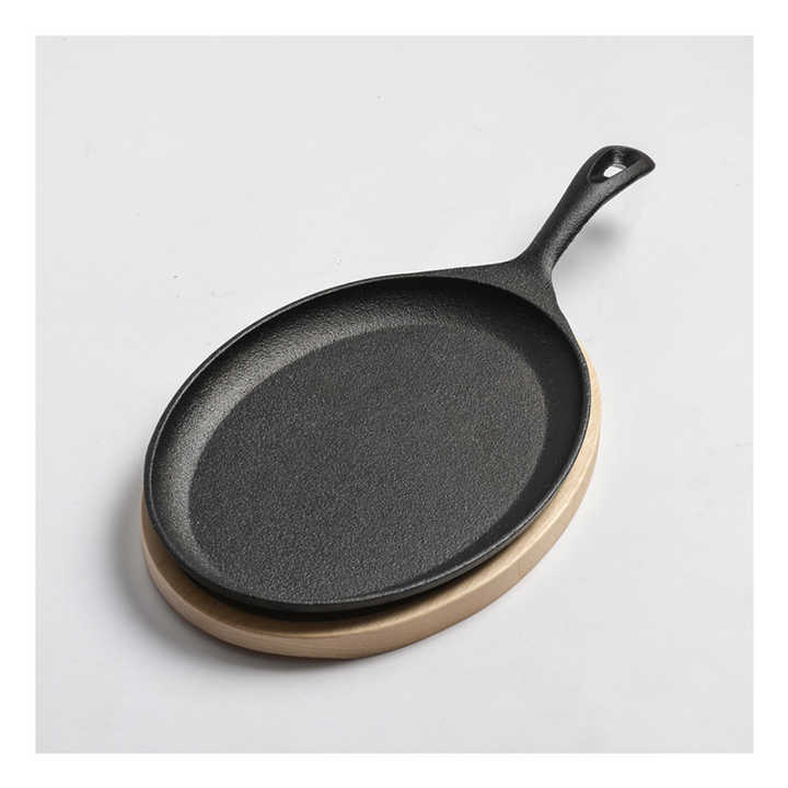 WT114 Custom cast iron sizzling fajita steak flat plate pans with wood tray