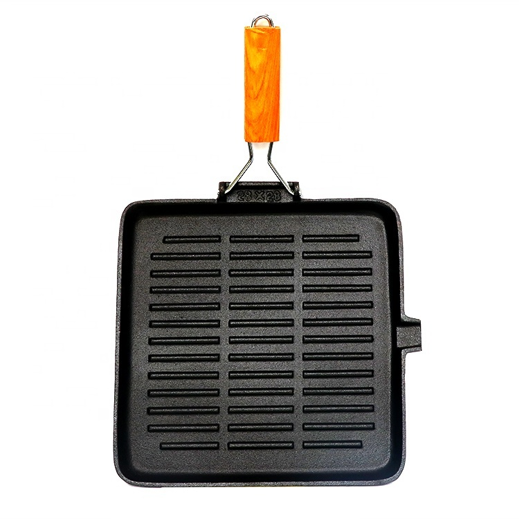 WT116 Multi-cooker pre-seasoned oil cast iron skillet bbq square grill pan wooden handle