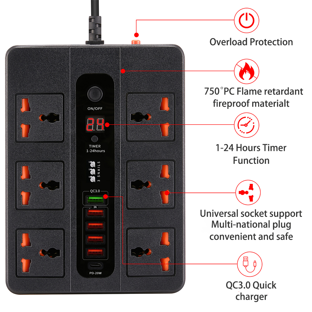 WT213 3000W New 6 AC Universal Outlets Power Strip PD20W QC3.0 Fast Charge Socket Extension Cable USB Charger EU Plug Surge Protector