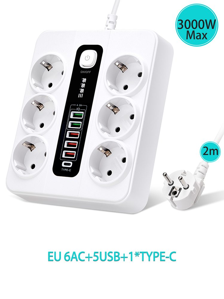 WT214 3000W 6AC Extension Line Socket European-style German Standard PD Special Jack 38W QC3.0 Fast Charge Overload Protection EU Plug