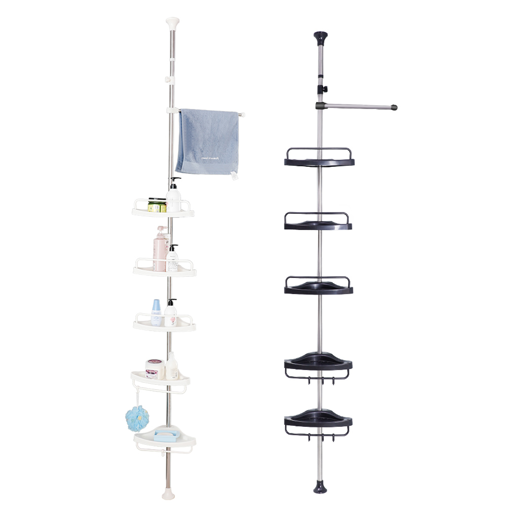 WT229 Telescopic Shower Corner Caddy with 5 Shelves 1 Towel Bar Tension Spring Bathroom Storage Rack without Drilling